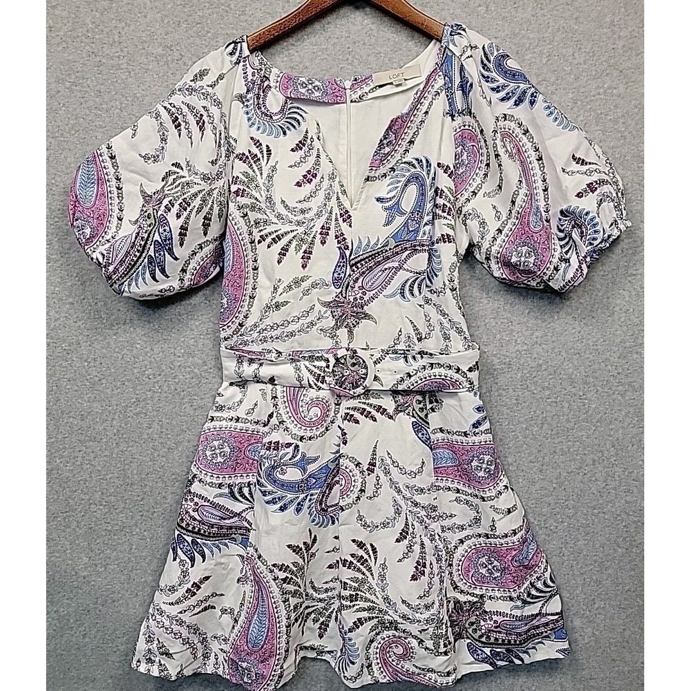 LOFT Paisley Floral Linen Blend Belted Puff Sleeve Dress Women's Size 8 White